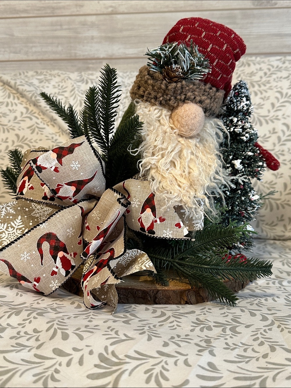 Handmade Santa Gnome Holiday Centerpiece - Red Hat, Cream Beard